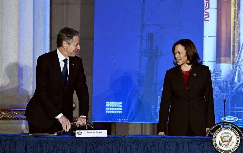 US Secretary of State Antony Blinken and Vice President Kamala Harris arrive for a US National Space Council meeting at the Andrew W. Mellon Auditorium in Washington, DC, on December 20, 2023. (Photo by Jim WATSON / AFP)