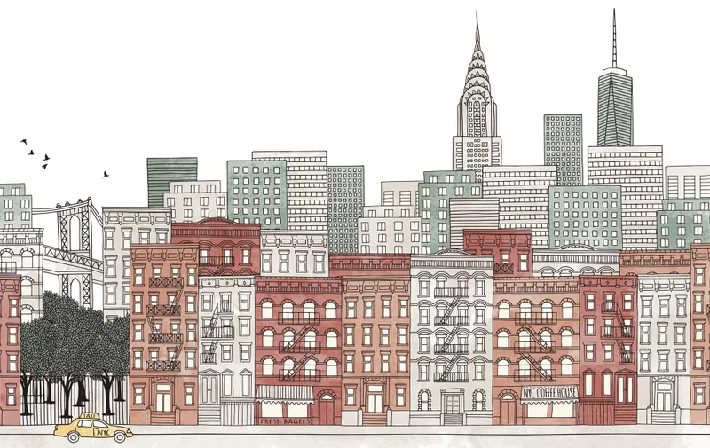 Seamless banner of New York's skyline, hand drawn and digitally colored ink illustration