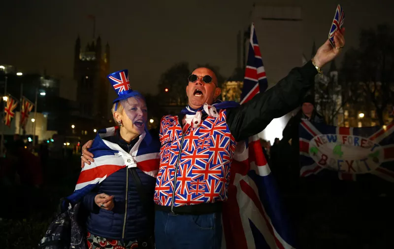 LONDON, ENGLAND - JANUARY 31: Pro Brexit supporters celebrate as people prepare for Brexit on January 31, 2020 in London, United Kingdom. At 11.00pm on Friday 31st January the UK and Northern Ireland will exit the European Union 188 weeks after the referendum on June 23rd 2016.  (Photo by Hollie Adams/Getty Images)