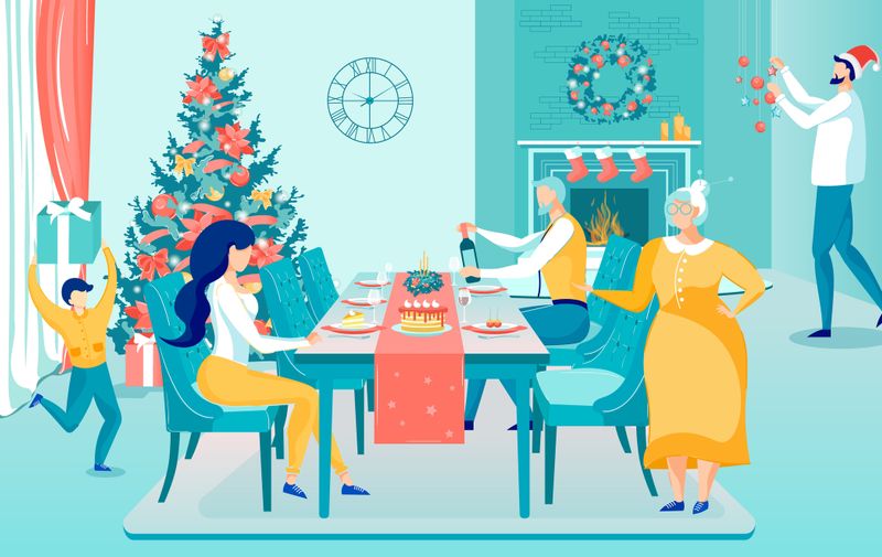 Happy Big Family Celebrating Christmas at Home Cartoon. Table Served with Festive Dinner. Decorated Living Room. Xmas Fir Tree. Three Generation. Cheerful Boy with Gift. Vector Flat Illustration