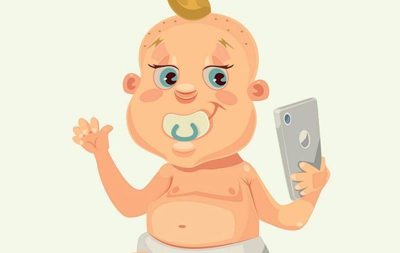 Little child character with smartphone. Vector flat cartoon illustration