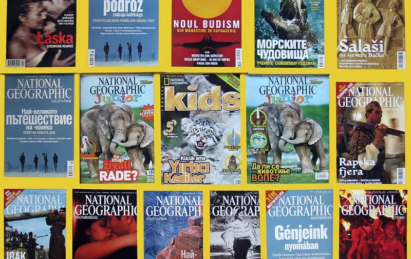 TO GO WITH AFP STORY: AFPLifestyle-US-media sched-FEATURE 
This 04 April, 2006 photo illustration shows copies of National Geographic magazine in several languages. In 1995, National Geographic began publishing in Japanese, its first local language edition. The magazine is now published in thirty (30) different language editions around the world, including: English on a worldwide basis, Bulgarian, Chinese, Croatian, Czech, Danish, Dutch, Finnish, French, German, Greek, Hebrew, Hungarian, Indonesian, Italian, Japanese, Korean, Norwegian, Polish, Portuguese, Romanian, Russian, Slovenian, Spanish, Swedish, and Turkish.  AFP PHOTO/Karen BLEIER (Photo by KAREN BLEIER / AFP)